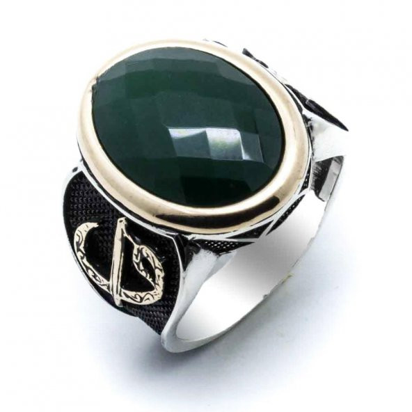 925 Ayar Gümüş Yeşil Zirkon Taşlı Elif Vav Detaylı Yüzük - Resim 2