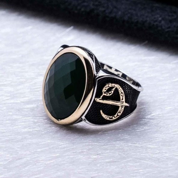 925 Ayar Gümüş Yeşil Zirkon Taşlı Elif Vav Detaylı Yüzük - Resim 3