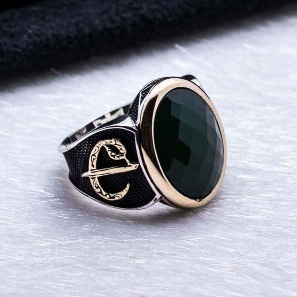 925 Ayar Gümüş Yeşil Zirkon Taşlı Elif Vav Detaylı Yüzük - Resim 4