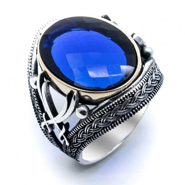 925 Ayar Gümüş Mavi  Zirkon Taşlı Kılıç Detaylı Yüzük - Resim 2