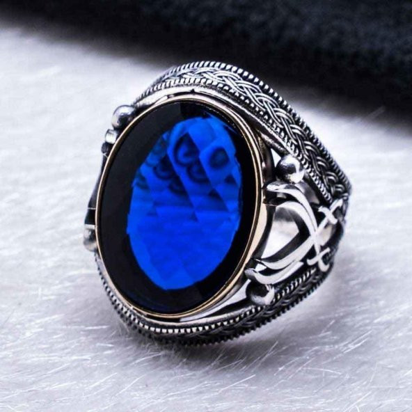 925 Ayar Gümüş Mavi  Zirkon Taşlı Kılıç Detaylı Yüzük - Resim 3