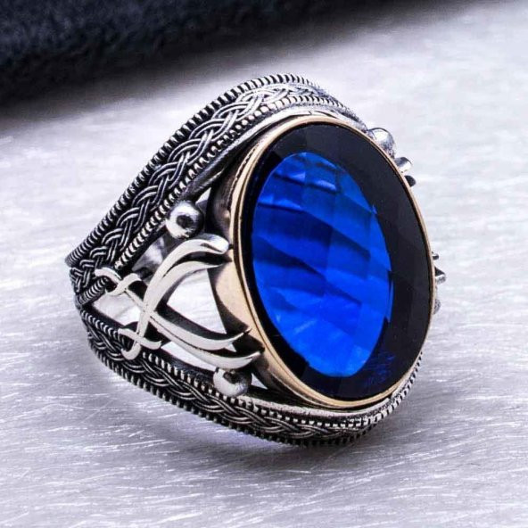 925 Ayar Gümüş Mavi  Zirkon Taşlı Kılıç Detaylı Yüzük - Resim 4