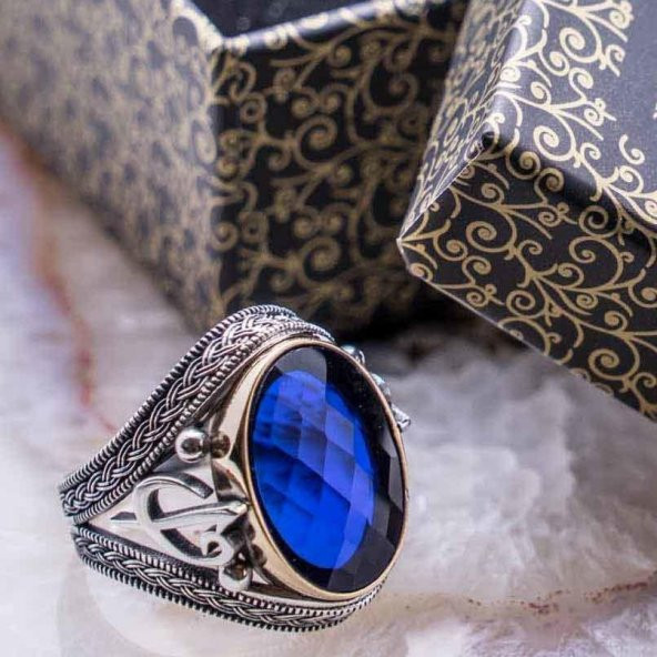 925 Ayar Gümüş Mavi Zirkon Taşlı Elif  Vav  Detaylı Yüzük ürün görseli 1