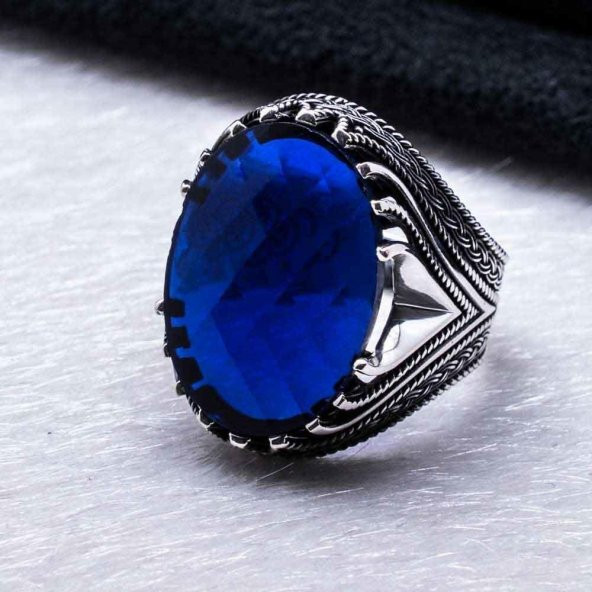 925 Ayar Gümüş Mavi Zirkon  Taşlı Yüzük - Resim 3