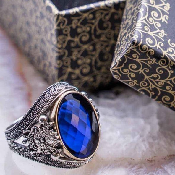 Osmanlı Tuğralı Mavi Taşlı  Gümüş Yüzük ürün görseli 1