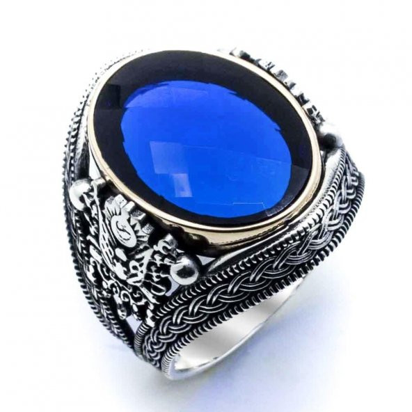 Osmanlı Tuğralı Mavi Taşlı  Gümüş Yüzük - Resim 2