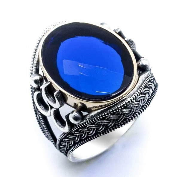 925 Ayar Gümüş Mavi Zirkon  Taşlı  üç Hilal Detaylı Yüzük - Resim 2