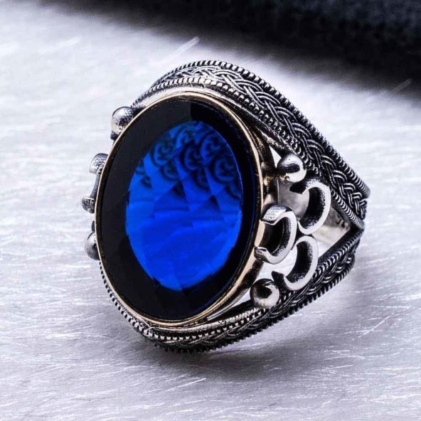 925 Ayar Gümüş Mavi Zirkon  Taşlı  üç Hilal Detaylı Yüzük - Resim 3