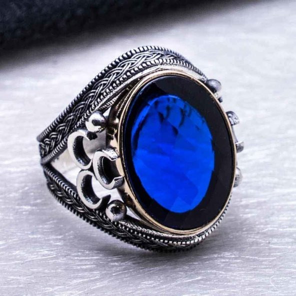 925 Ayar Gümüş Mavi Zirkon  Taşlı  üç Hilal Detaylı Yüzük - Resim 4