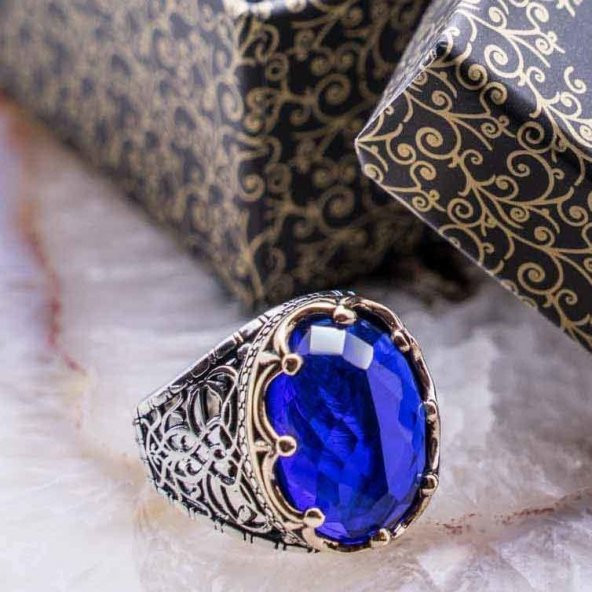 MaviZirkon Taşlı Kral Tacı Erkek Gümüş Yüzük ürün görseli 1