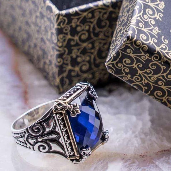 Mavi Taşlı Özel Tasarım Erkek Gümüş Yüzük ürün görseli