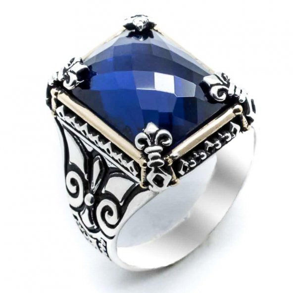 Mavi Taşlı Özel Tasarım Erkek Gümüş Yüzük - Resim 2