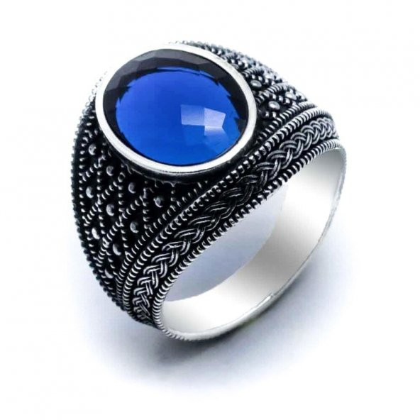 925 Ayar Gümüş Mavi Zirkon Taşlı Erkek  Yüzük - Resim 2
