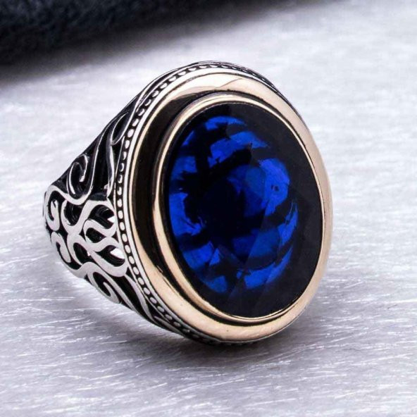 925 Ayar Gümüş Mavi Zirkon  Taşlı Erkek  Yüzük - Resim 3