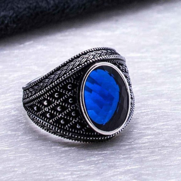 925 Ayar Gümüş Mavi Zirkon Taşlı Erkek  Yüzük - Resim 4