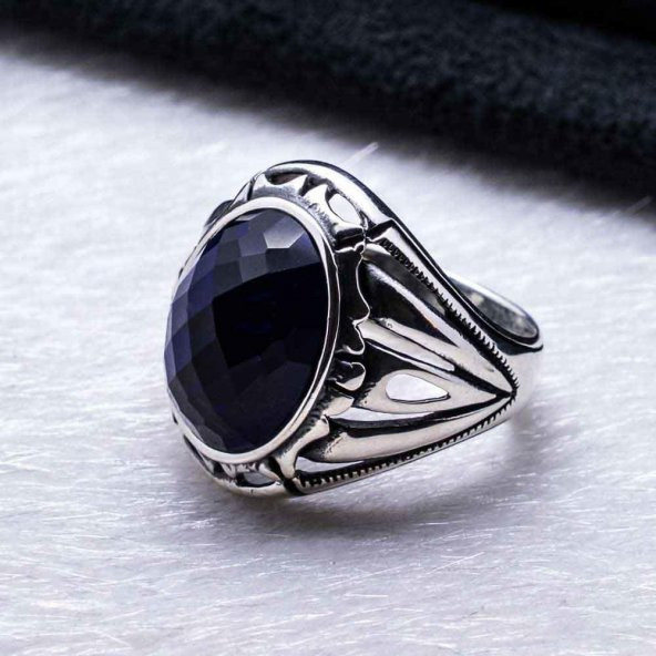 925 Ayar gümüş Mavi Zirkon  Taşlı Erkek Yüzük - Resim 3