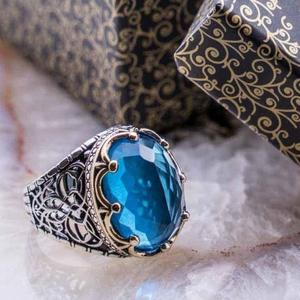 Açık Mavi Zirkon Taşlı Kral Tacı Erkek Gümüş Yüzük ürün görseli