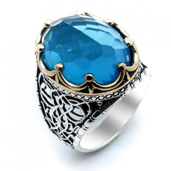 Açık Mavi Zirkon Taşlı Kral Tacı Erkek Gümüş Yüzük - Resim 2