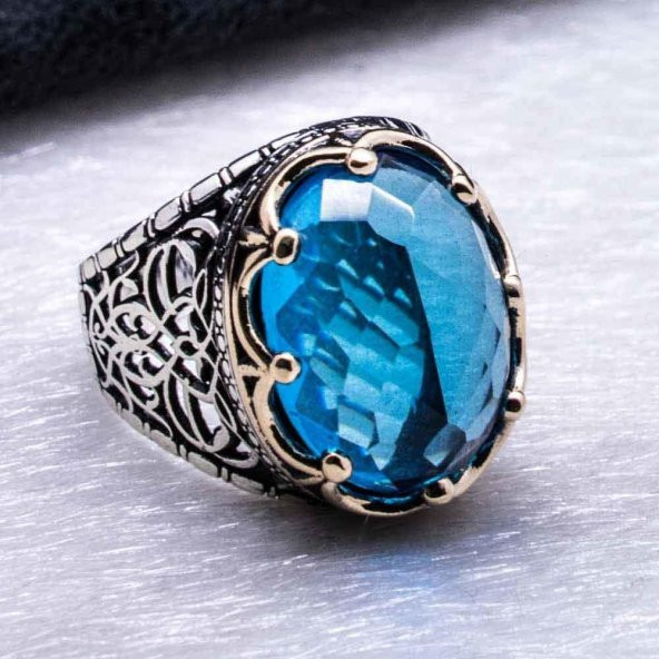 Açık Mavi Zirkon Taşlı Kral Tacı Erkek Gümüş Yüzük - Resim 3