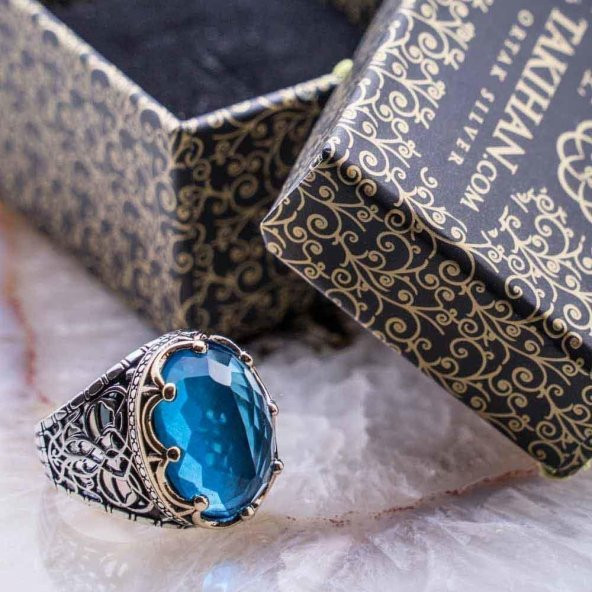 Açık Mavi Zirkon Taşlı Kral Tacı Erkek Gümüş Yüzük - Resim 4