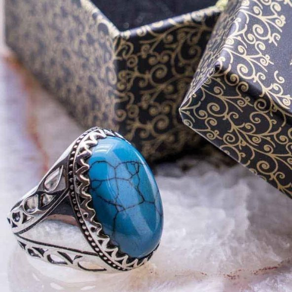 925 Ayar gümüş Büyük Firuze Taşlı Erkek  Yüzük ürün görseli