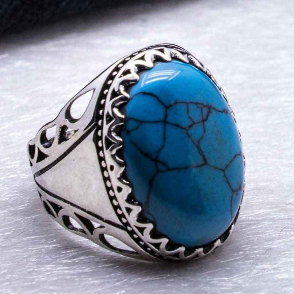 925 Ayar gümüş Büyük Firuze Taşlı Erkek  Yüzük - Resim 4