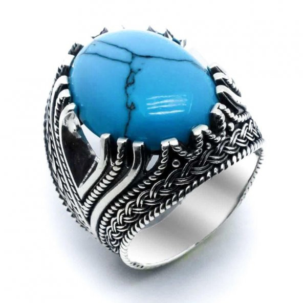 925 Ayar Gümüş Firuze  Taşlı Erkek Yüzük - Resim 2
