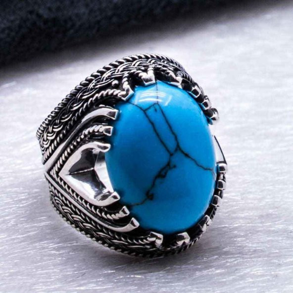 925 Ayar Gümüş Firuze  Taşlı Erkek Yüzük - Resim 4