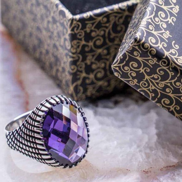Ametist Rengi Zirkon Taşlı Erkek Gümüş Yüzük ürün görseli 1