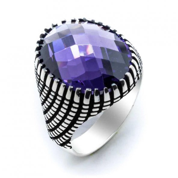 Ametist Rengi Zirkon Taşlı Erkek Gümüş Yüzük - Resim 2