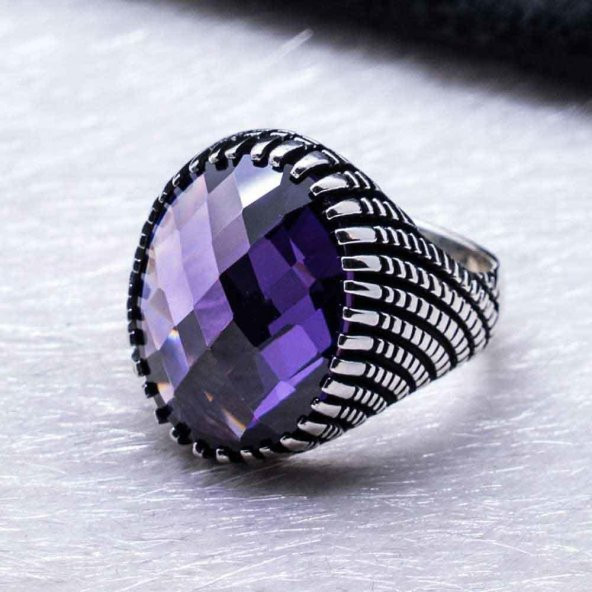 Ametist Rengi Zirkon Taşlı Erkek Gümüş Yüzük - Resim 3