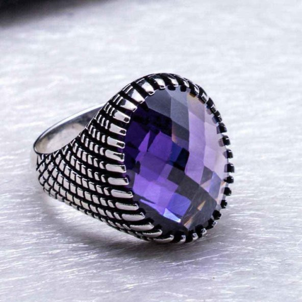 Ametist Rengi Zirkon Taşlı Erkek Gümüş Yüzük - Resim 4