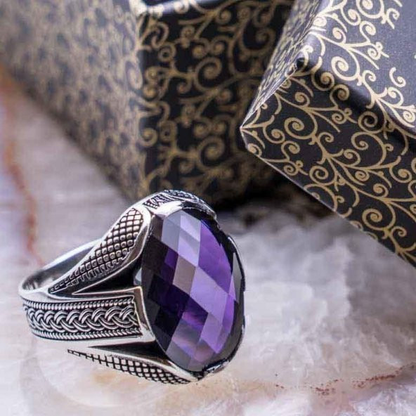 925 Ayar Gümüş Mor Zirkon Taşlı Örgü Desenli Yüzük ürün görseli