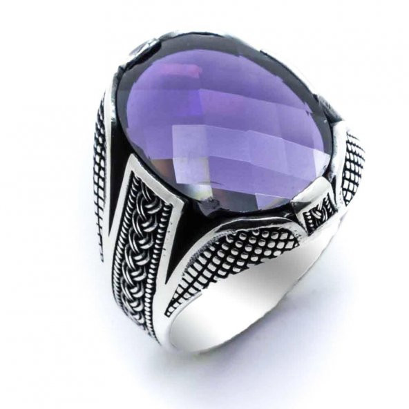 925 Ayar Gümüş Mor Zirkon Taşlı Örgü Desenli Yüzük - Resim 2