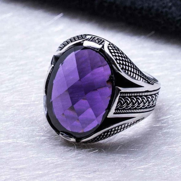 925 Ayar Gümüş Mor Zirkon Taşlı Örgü Desenli Yüzük - Resim 3