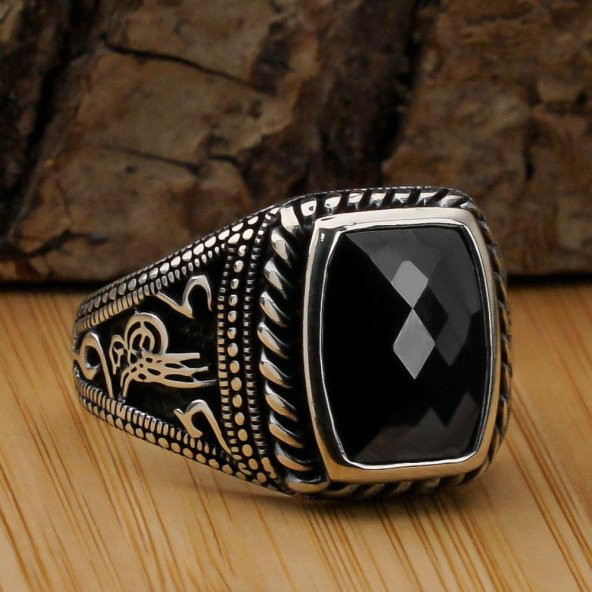 Siyah Zirkon Taşlı Osmanlı Tuğra Motifli 925 Ayar Gümüş ErkekYüzük ürün görseli 1