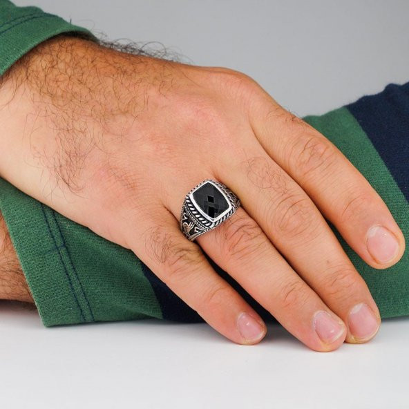 Siyah Zirkon Taşlı Osmanlı Tuğra Motifli 925 Ayar Gümüş ErkekYüzük - Resim 2