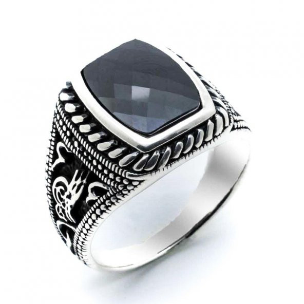 Siyah Zirkon Taşlı Osmanlı Tuğra Motifli 925 Ayar Gümüş ErkekYüzük - Resim 3