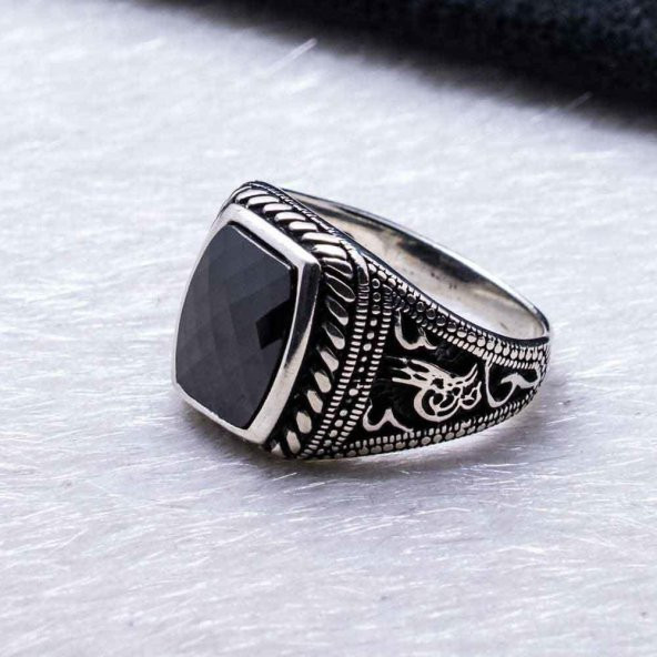 Siyah Zirkon Taşlı Osmanlı Tuğra Motifli 925 Ayar Gümüş ErkekYüzük - Resim 5