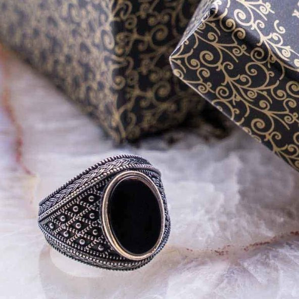 925 Ayar Gümüş Siyah Oniks Taşlı Erkek  Yüzük ürün görseli