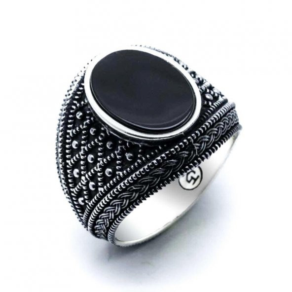 925 Ayar Gümüş Siyah Oniks Taşlı Erkek  Yüzük - Resim 2