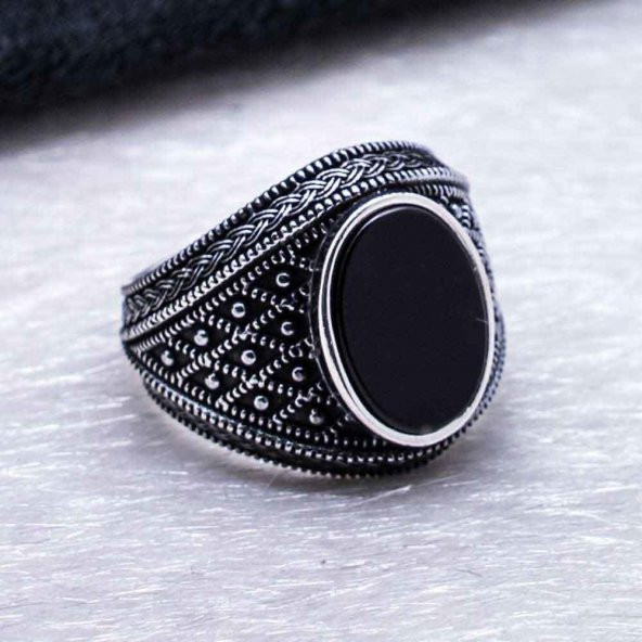 925 Ayar Gümüş Siyah Oniks Taşlı Erkek  Yüzük - Resim 3
