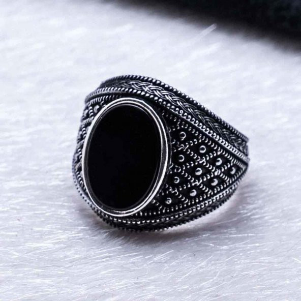 925 Ayar Gümüş Siyah Oniks Taşlı Erkek  Yüzük - Resim 4