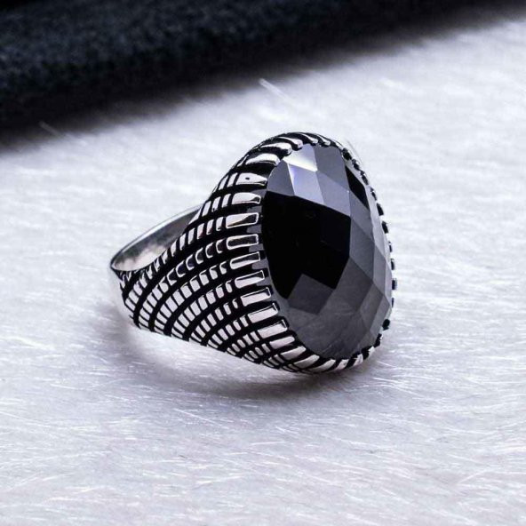 925 Ayar Gümüş Siyah Zirkon Taşlı Erkek  Oval Yüzük - 3