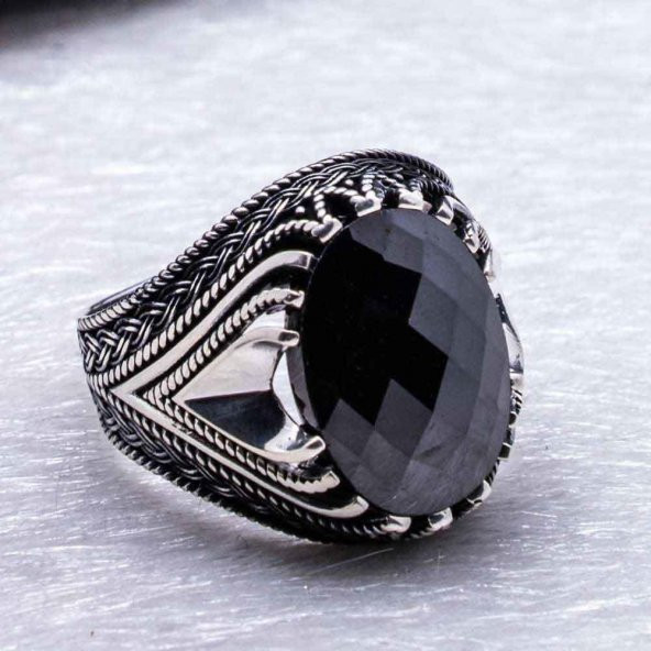925 Ayar Gümüş Fasetli Siyah Taşlı Yüzük - Resim 3