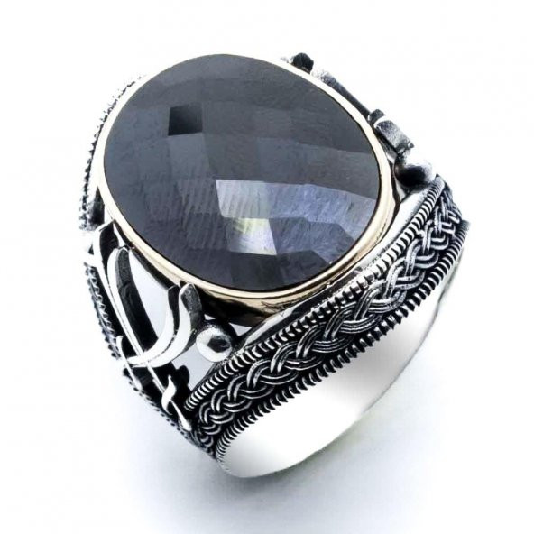 925 Ayar Gümüş Siyah Zirkon Taşlı Kılıç Detaylı Yüzük - Resim 2