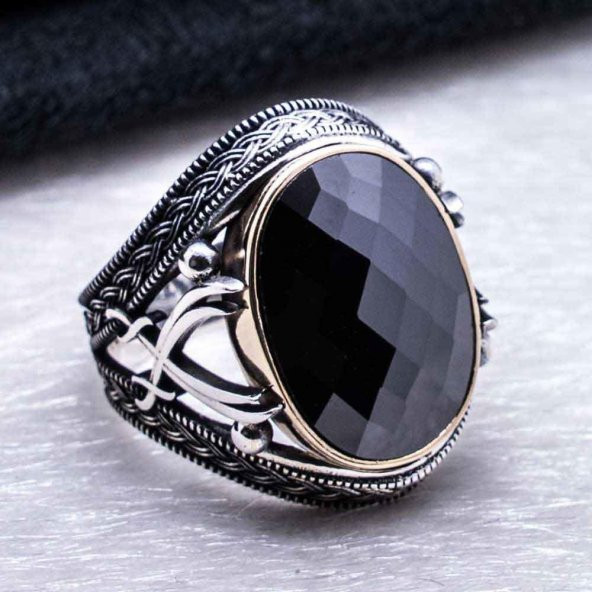 925 Ayar Gümüş Siyah Zirkon Taşlı Kılıç Detaylı Yüzük - Resim 3