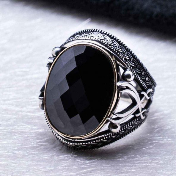 925 Ayar Gümüş Siyah Zirkon Taşlı Kılıç Detaylı Yüzük - Resim 4