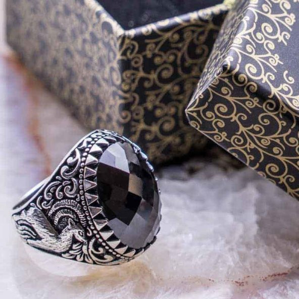 925 Ayar gümüş Siyah Zirkon Taşlı Geyik Detaylı Gümüş Yüzük ürün görseli 1