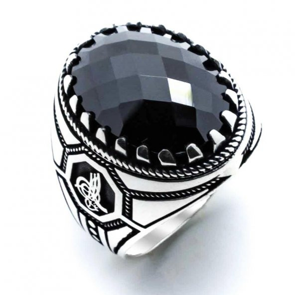925 Ayar Gümüş Siyah Zirkon  Taşlı Osmanlı Tuğra Detaylı  Yüzük - Resim 2